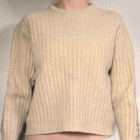 Merino Wool Burberry Ribbed Ivory Sweater with Tweed Patches